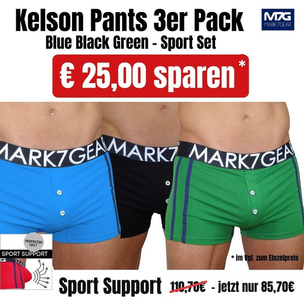 3 Pack Kelson Pants, BLACK-GREEN-BLUE mit SPORT SUPPORT