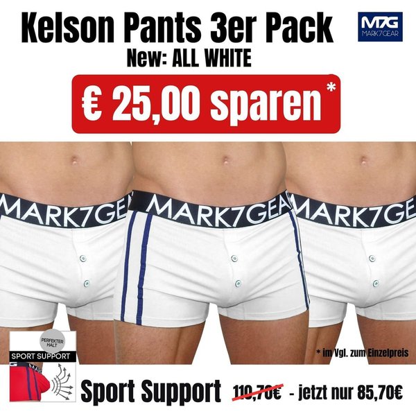 Kelson 3er Pack Pants, ALL WHITE mit SPORT SUPPORT